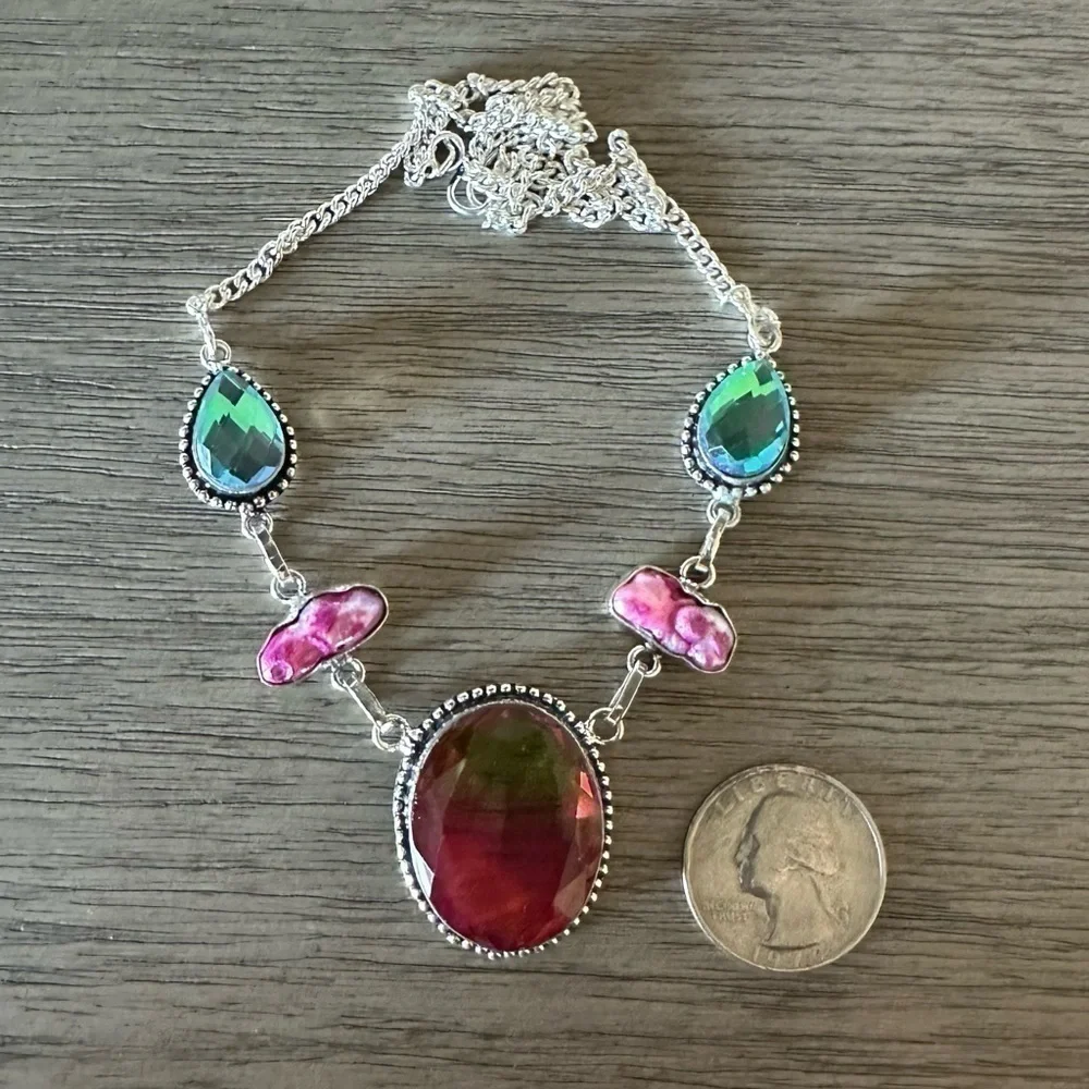 0908 Bi-Color Tourmaline Biwa Pearl Necklace Handmade Silver Statement J…